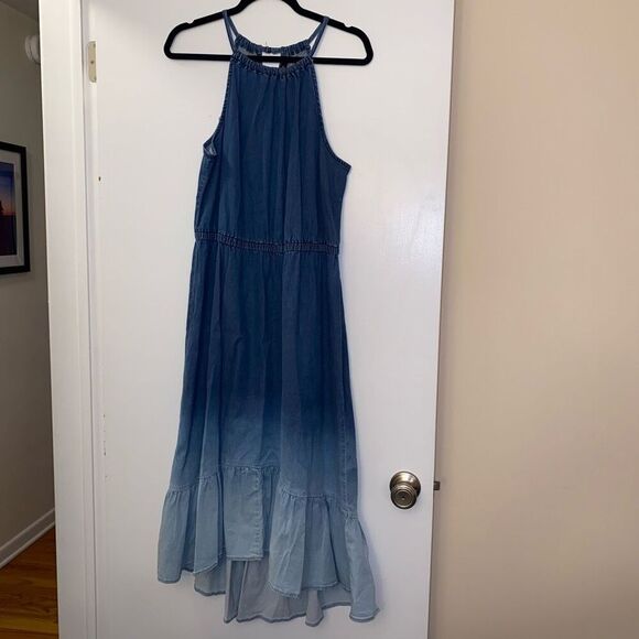 International Concepts Ombre Blue Denim Asymmetrical Maxi Dress Large NWT - Picture 1 of 10